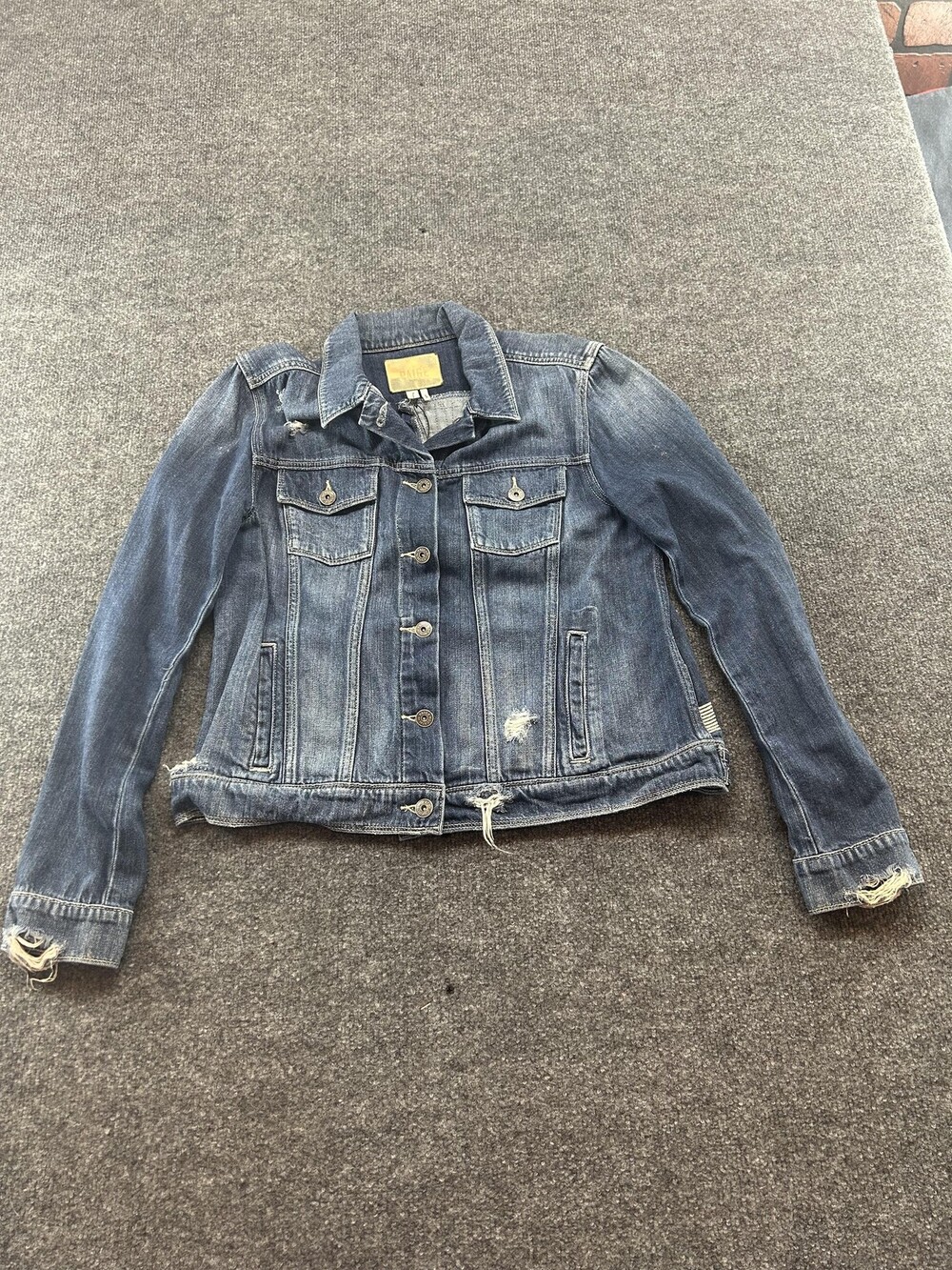 Paige Jacket Womens Medium Blue Distressed Denim Jean Trucker Button Pockets